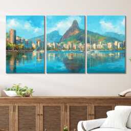 Rio De Janeiro Skyline 3 Panel Split Canvas Wall Art Christ The Redeemer Tropical Landscape Oil Painting Framed Home Decor Gift - thumbnail 2