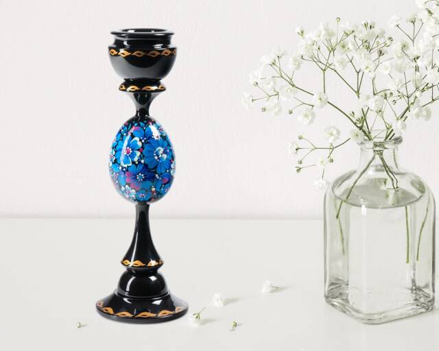 Ukrainian Hand Painted Wooden Candlestick Holder, Handmade Tall Black Candle Table Home Decor, Petrykivka Gift Ukraine Shop, S211 - image 1