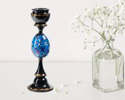 Ukrainian Hand Painted Wooden Candlestick Holder, Handmade Tall Black Candle Table Home Decor, Petrykivka Gift Ukraine Shop, S211 - thumbnail 1