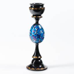 Ukrainian Hand Painted Wooden Candlestick Holder, Handmade Tall Black Candle Table Home Decor, Petrykivka Gift Ukraine Shop, S211 - thumbnail 3