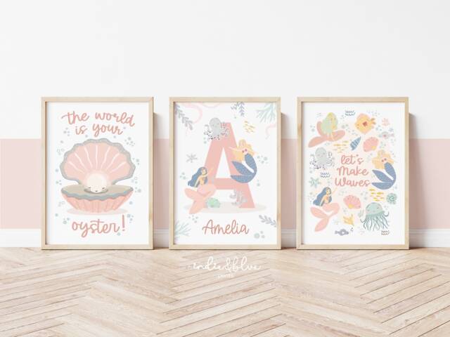Set Of 3 Sea Prints in Pastel, Personalised Initial Mermaid Print Set, World Is Your Oyster, Ocean Nursery Prints, Under The - image 1