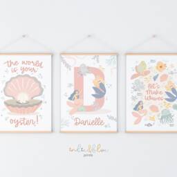 Set Of 3 Sea Prints in Pastel, Personalised Initial Mermaid Print Set, World Is Your Oyster, Ocean Nursery Prints, Under The - thumbnail 3