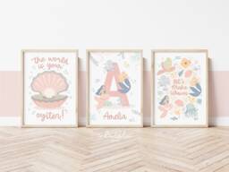 Set Of 3 Sea Prints in Pastel, Personalised Initial Mermaid Print Set, World Is Your Oyster, Ocean Nursery Prints, Under The - thumbnail 1
