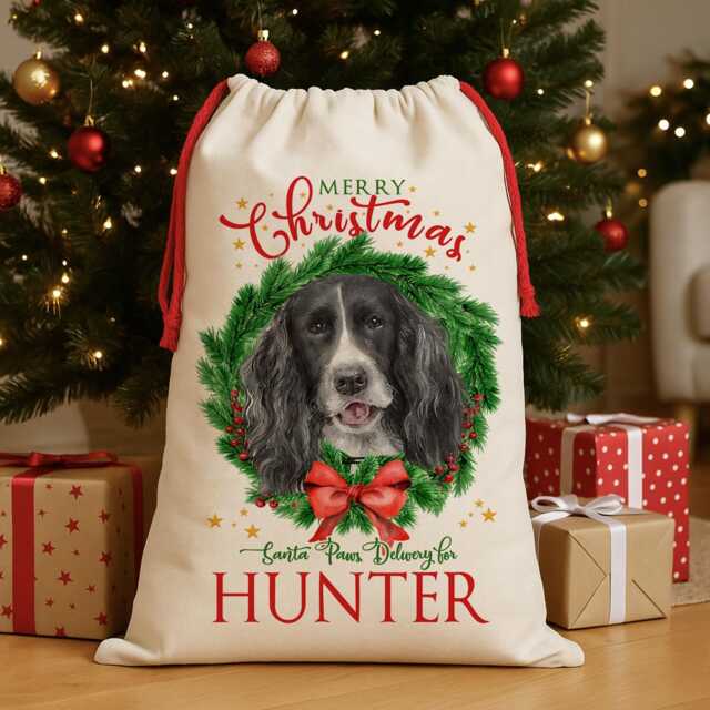 Personalised Black & White Springer Spaniel Christmas Sack Dog Treat Stocking Xmas Puppy Present New Pet Pup Gift Edws46 - image 1