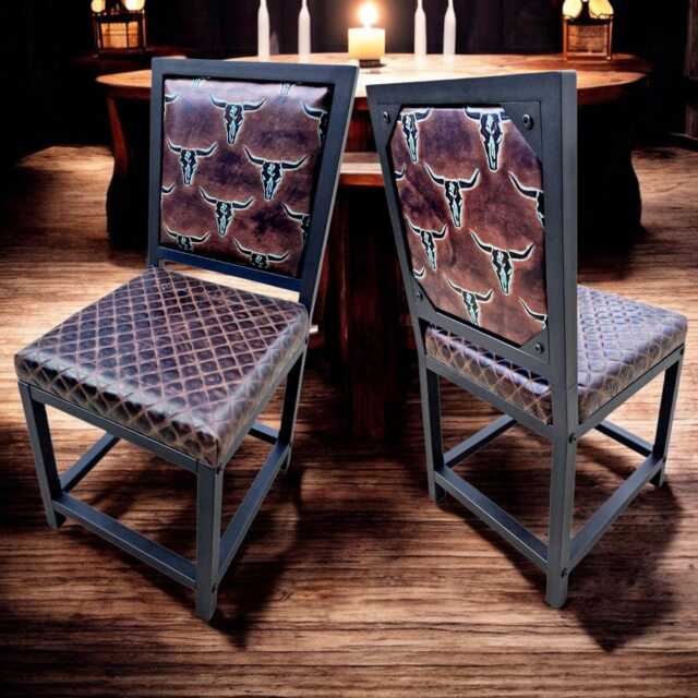 Texas Longhorn Genuine Leather Dining Chair With Diamond Stitched Seat - Fpdc - image 1