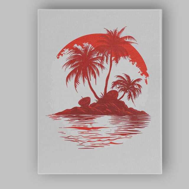 Tropical Palm Island Red Sunset Minimalist Coastal Illustration Canvas Wall Art Print Decor Picture Ready To Hang - image 1