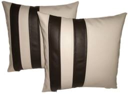 "2 Cream & Brown Twin Stripe Faux Leather Cushions 16"" 18"" 20" - thumbnail 1