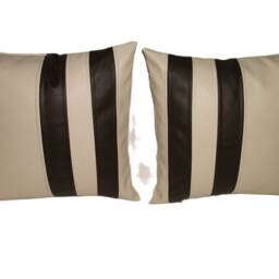 "2 Cream & Brown Twin Stripe Faux Leather Cushions 16"" 18"" 20" - thumbnail 4