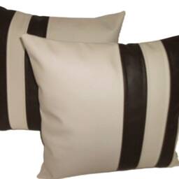 "2 Cream & Brown Twin Stripe Faux Leather Cushions 16"" 18"" 20" - thumbnail 2