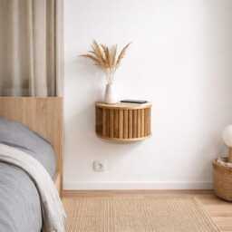 Solid Oak Floating Nightstand - Scandinavian Minimalist Bedside Table, Hidden Shelf - thumbnail 1
