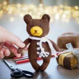 Handmade Brown Teddy Bear Stuffed Doll - Snowflake Scarf, Fabric Basket - thumbnail 3