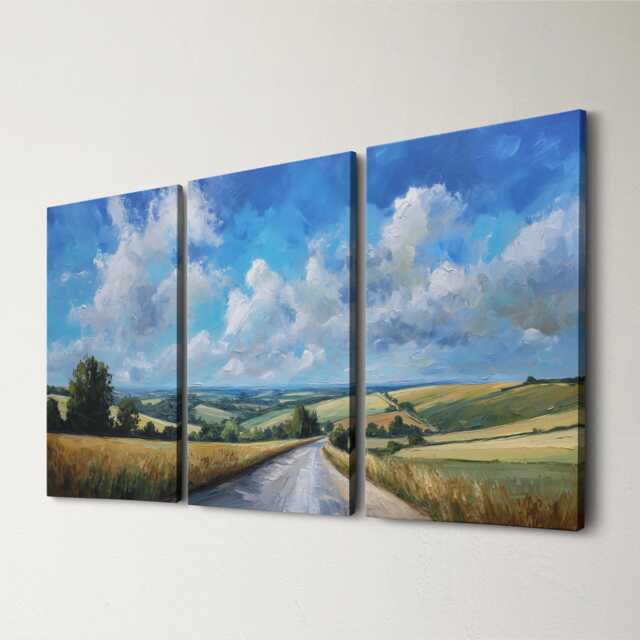 Countryside Landscape 3 Panel Split Canvas Wall Art Rolling Hills Road Abstract Oil Painting Framed Farmhouse Rustic Home Decor Gift - image 1