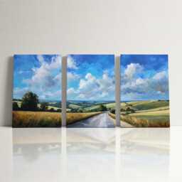 Countryside Landscape 3 Panel Split Canvas Wall Art Rolling Hills Road Abstract Oil Painting Framed Farmhouse Rustic Home Decor Gift - thumbnail 3