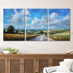 Countryside Landscape 3 Panel Split Canvas Wall Art Rolling Hills Road Abstract Oil Painting Framed Farmhouse Rustic Home Decor Gift - thumbnail 2