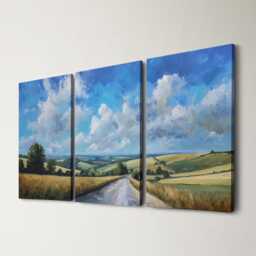 Countryside Landscape 3 Panel Split Canvas Wall Art Rolling Hills Road Abstract Oil Painting Framed Farmhouse Rustic Home Decor Gift - thumbnail 1