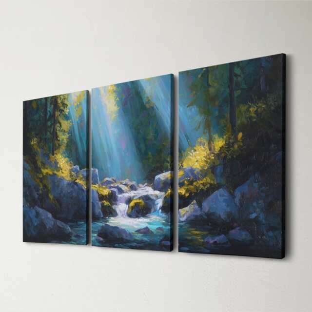 Vibrant Canvas Wall Art Nature Waterfall Painting Triptych Home Decor For Living Room, Bedroom Botanical & Garden Hanging - image 1