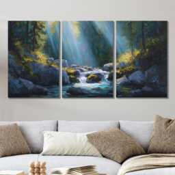 Vibrant Canvas Wall Art Nature Waterfall Painting Triptych Home Decor For Living Room, Bedroom Botanical & Garden Hanging - thumbnail 2