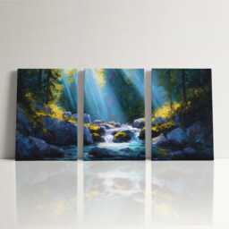 Vibrant Canvas Wall Art Nature Waterfall Painting Triptych Home Decor For Living Room, Bedroom Botanical & Garden Hanging - thumbnail 3