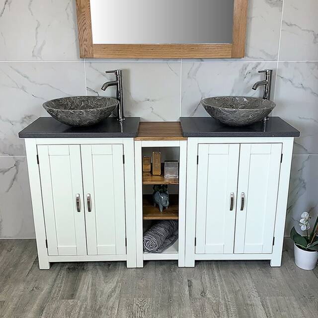 Bathroom Vanity Unit - Sink Washstand Slimline White Painted With Grey Quartz Worktop & Sit On Basins Taps Plugs Included - image 1