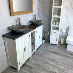 Bathroom Vanity Unit - Sink Washstand Slimline White Painted With Grey Quartz Worktop & Sit On Basins Taps Plugs Included - thumbnail 3