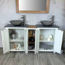Bathroom Vanity Unit - Sink Washstand Slimline White Painted With Grey Quartz Worktop & Sit On Basins Taps Plugs Included - thumbnail 2