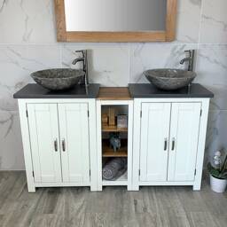 Bathroom Vanity Unit - Sink Washstand Slimline White Painted With Grey Quartz Worktop & Sit On Basins Taps Plugs Included