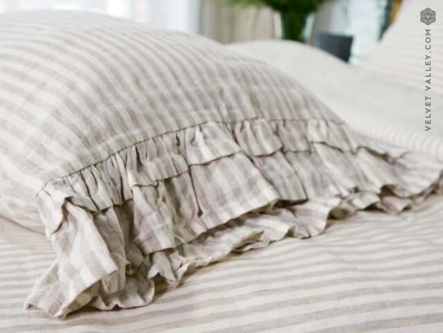 Striped Linen Pillow With Ruffles-Softened Pillow - Off White Standard, Queen, King, Deco, Euro Sizes-Natural Ruffles - image 1