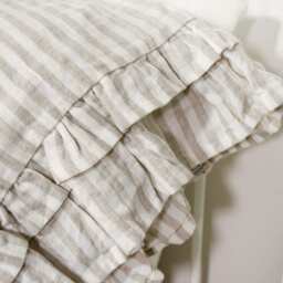Striped Linen Pillow With Ruffles-Softened Pillow - Off White Standard, Queen, King, Deco, Euro Sizes-Natural Ruffles - thumbnail 2