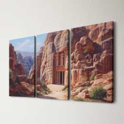 Petra Treasury 3 Panel Split Canvas Wall Art Ancient Rose-Red Rock Jordan Desert Landscape Oil Painting Framed Home Decor