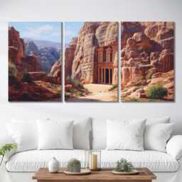 Petra Treasury 3 Panel Split Canvas Wall Art Ancient Rose-Red Rock Jordan Desert Landscape Oil Painting Framed Home Decor - thumbnail 2