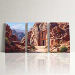 Petra Treasury 3 Panel Split Canvas Wall Art Ancient Rose-Red Rock Jordan Desert Landscape Oil Painting Framed Home Decor - thumbnail 3