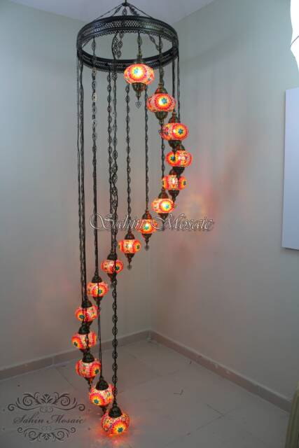 15 Ball Turkish Mosaic Chandelier, Large Globes, Fire - image 1