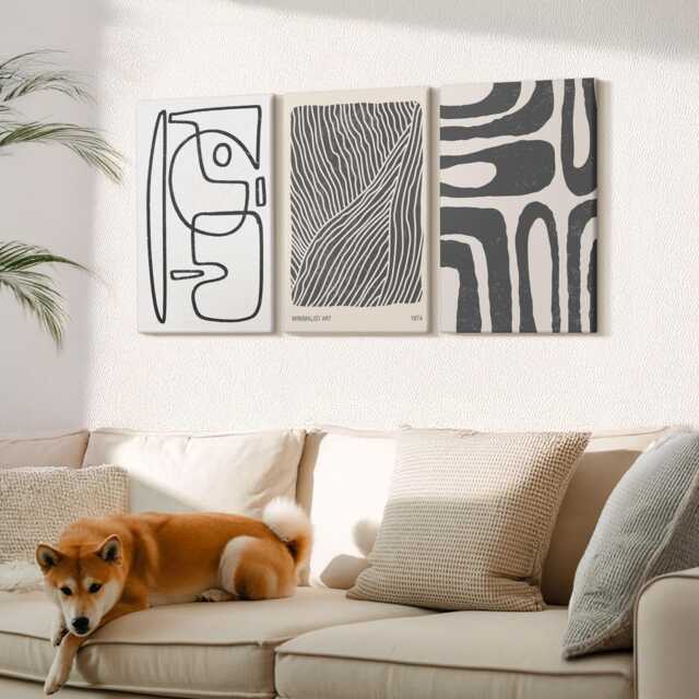 Canvas Set Of 3 Wall Art - Patterns With Lines & Textures On A Light Background, Black White Art, Abstract Decor - image 1