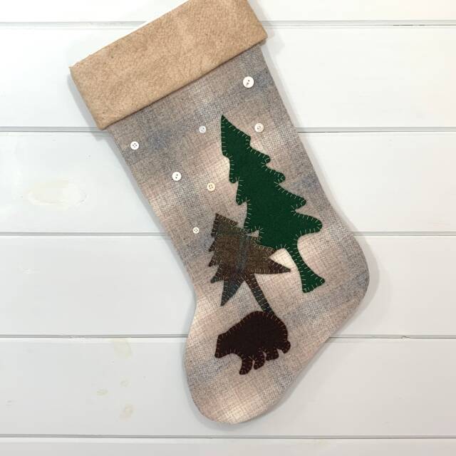 Personalized Wool Christmas Stocking Rustic Woodland Bear - image 1