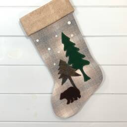 Personalized Wool Christmas Stocking Rustic Woodland Bear - thumbnail 1