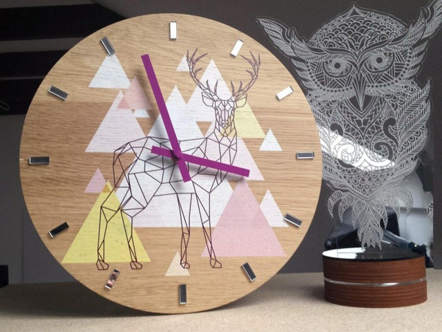 Large Wood Wall Clock, Oak, 13, 19Inch, Geometric Unique Wall Pink Hands, Modern Silent, Decor, Mirror - image 1