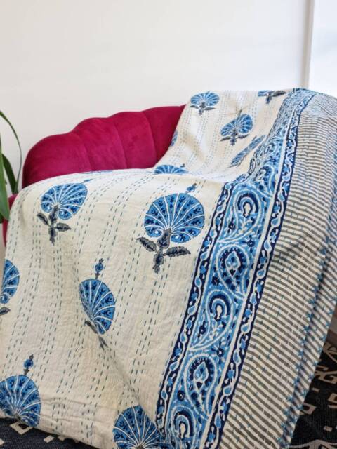 Kantha Stitch Pure Cotton Reversible Bed/Sofa Throw King Size - Handmade Handprinted Floral Dohar Paisley Persian Oriental Leaf Stripe - image 1