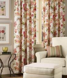Jacobean Linen Curtain Panel, Floral Window Panel in Kaufmann Designer Fabric Ophilia Blossom - thumbnail 1