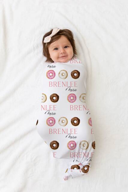 Donut Personalized Swaddle, Baby Girl Blanket, Custom Name Hospital Shower Gift, Toddler - image 1