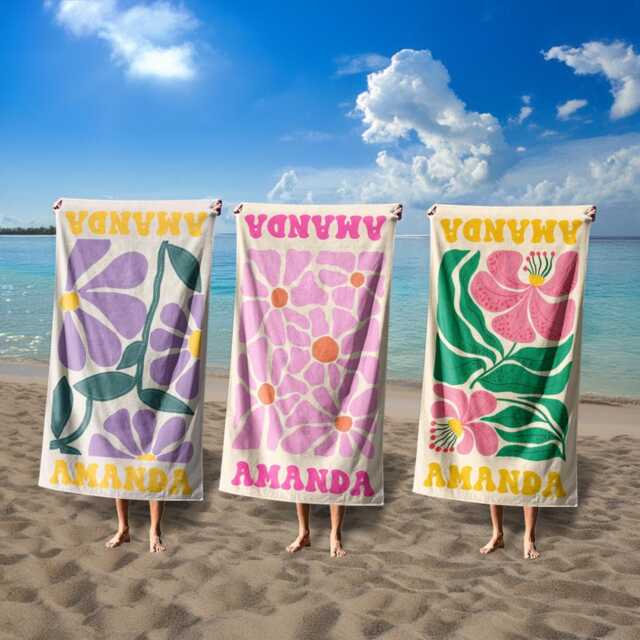 Retro Floral Personalized Beach Towel, Custom Name Pool Bachelorette Gift For Women - image 1