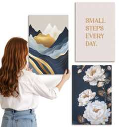 3 Piece Canvas Set - Mountains Flowers & Inspiring Lettering, Navy Wall Art Large, Abstract Decor - thumbnail 3