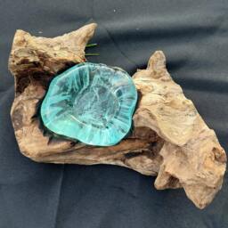 stunning Molten Glass Tea Candle Holder On Teak Root Base - thumbnail 3