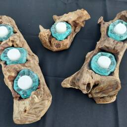 stunning Molten Glass Tea Candle Holder On Teak Root Base - thumbnail 2