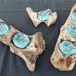 stunning Molten Glass Tea Candle Holder On Teak Root Base - thumbnail 4