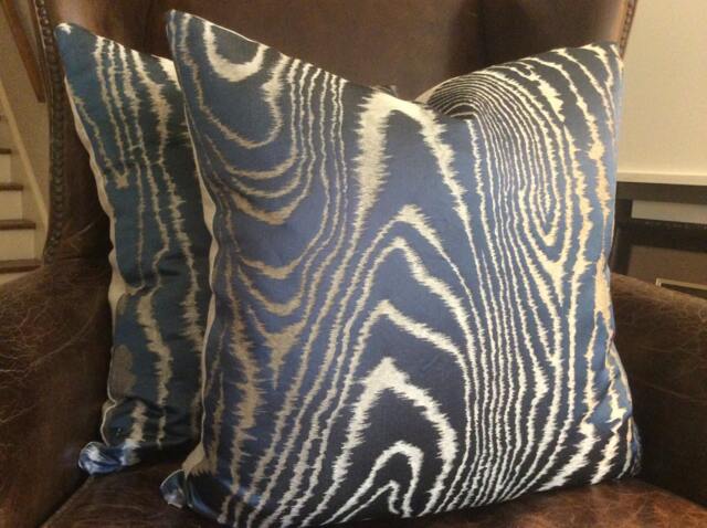 Schumacher Faux Bois Pillow Cover in Midnight Blue & Gray Woodgrain Patterned Woven Linen, Linen Backing, Choose Size - image 1