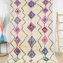 Moroccan White Colorful Berber Rug, Handwoven Wool Shag Rug With Diamond Motifs, Authentic Beni Ourain Style Carpet, Large Area - thumbnail 3