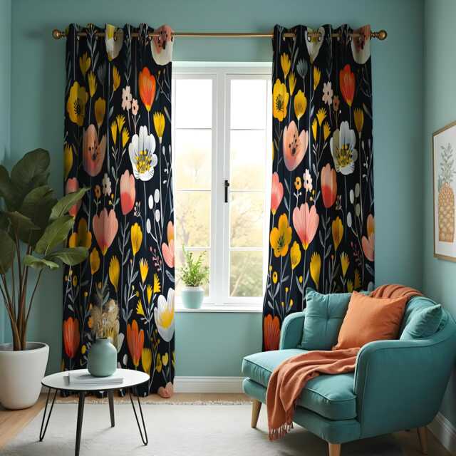 Dark Boho Floral Eyelet Curtains, Navy Blue With Yellow & Pink Wildflower Drapes, Botanical Window Treatments, Custom Length Panel Curtains - image 1