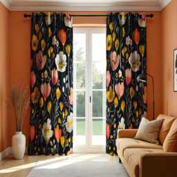 Dark Boho Floral Eyelet Curtains, Navy Blue With Yellow & Pink Wildflower Drapes, Botanical Window Treatments, Custom Length Panel Curtains - thumbnail 3