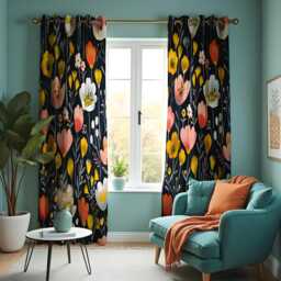 Dark Boho Floral Eyelet Curtains, Navy Blue With Yellow & Pink Wildflower Drapes, Botanical Window Treatments, Custom Length Panel Curtains