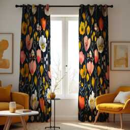 Dark Boho Floral Eyelet Curtains, Navy Blue With Yellow & Pink Wildflower Drapes, Botanical Window Treatments, Custom Length Panel Curtains - thumbnail 2